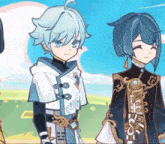 a couple of anime characters standing next to each other with one of them wearing a black and white outfit with buttons on it