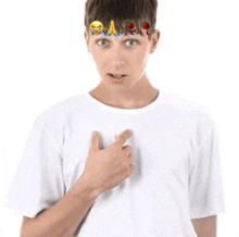 a man wearing a white t-shirt with emojis on his head