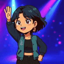 a cartoon drawing of a girl wearing a blue jacket with a triangle on it