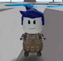 a roblox character with blue hair and a military uniform