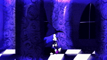 a cartoon character wearing a witch hat is sitting on a checkerboard floor