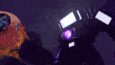 a pixelated image of a person with a purple light coming from their eyes