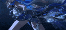 a woman with long blue hair is holding a sword in her hands .