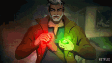 a man with a beard is holding a green object in his hands with a netflix logo in the corner