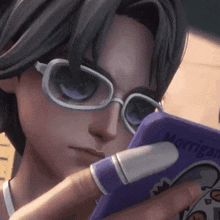 a close up of a person wearing glasses holding a purple morrigan phone