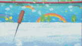 a cartoon scene with a rainbow in the background and two sharp objects in the snow
