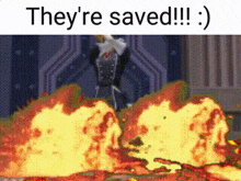 a cartoon of a man standing in front of a large explosion with the words they 're saved !!!
