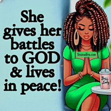 a woman in a green dress is praying with a cup of coffee .