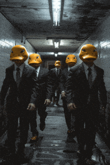 a group of men wearing suits and duck masks are walking down a hallway