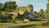 a t-rex and a stegosaurus are walking in a grassy field with the alpha in game footage