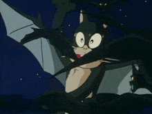 a cartoon cat with a bat 's wings is making a funny face