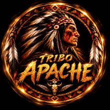 a logo for tribo apache with a native american in a feathered headdress