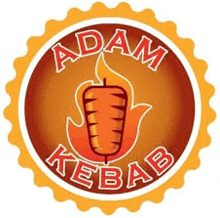 a logo for adam kebab with a flame and a kebab in the center .