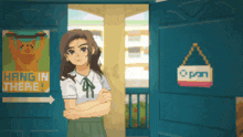a pixel art of a girl standing in front of a door with a sign that says hang in there