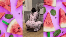 a woman in a hello kitty pajama is kneeling down in front of a watermelon slice