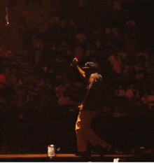 a man in a baseball cap stands on a stage in front of a crowd of people