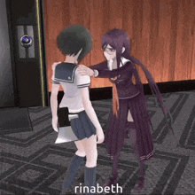 two anime girls are hugging each other and the name rinabeth is on the bottom