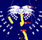 a blue background with white circles and a yellow line