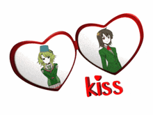 a couple of heart shaped frames with the word kiss on the bottom