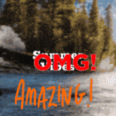 a sign that says omg amazing in front of a forest