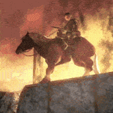 a video game character is riding a horse with a sword