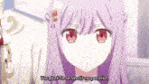 a girl with purple hair and red eyes is talking in a foreign language
