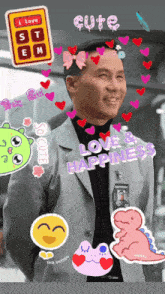 a man in a suit is surrounded by stickers that say love and happiness