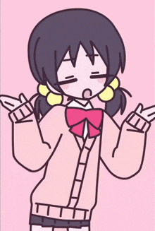 a cartoon of a girl in a pink sweater with a pink bow tie
