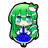 a cartoon character with green hair and a frog on her head