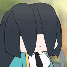 a cartoon drawing of a person with long black hair and a tie