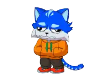 a cartoon drawing of a blue cat wearing an orange hoodie and brown pants