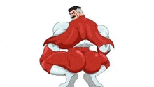 a cartoon of a man in a red cape and red shorts standing on his knees .