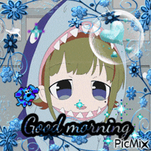a picture of a girl in a shark costume that says good morning