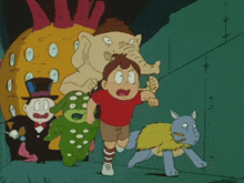a group of cartoon characters including a boy and a wolf
