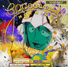 a collage of rabbits and flowers with the words good morning on the top