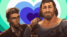 two men are standing next to each other with a heart behind them