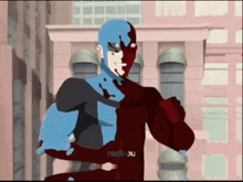 a blue and red superhero is standing in front of a building with the word renilou on the bottom