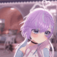 a close up of a girl with purple hair and a heart on her head