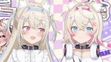 two anime girls are standing next to each other on a checkered background