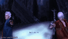 a screenshot of a video game shows jester and yamch holding guns