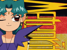 a cartoon drawing of a girl with blue hair and a yellow lightning bolt behind her and the word witch