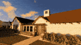 a house with a brown roof has a chimney on top of it