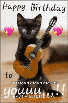 a black cat is holding a guitar and says happy birthday