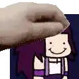 a hand is holding a cartoon character with purple hair and a smile on her face .