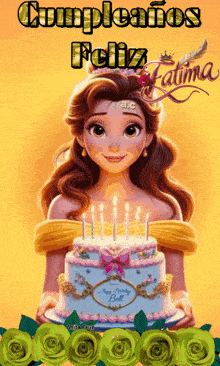 a picture of a girl holding a birthday cake with the words cumpleanos feliz fatima