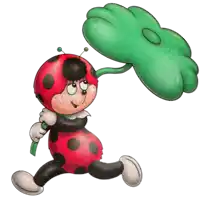 a ladybug is holding a green leaf in its hand