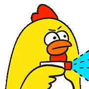 a cartoon chicken is holding a spray bottle and spraying it .
