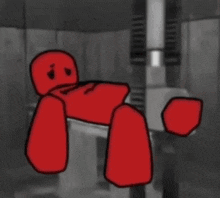 a red cartoon character is crying and screaming in a dark room