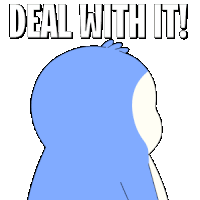 a blue penguin is talking on a cell phone with the words deal with it below it