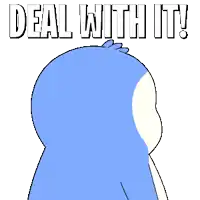 a blue penguin is talking on a cell phone with the words deal with it below it